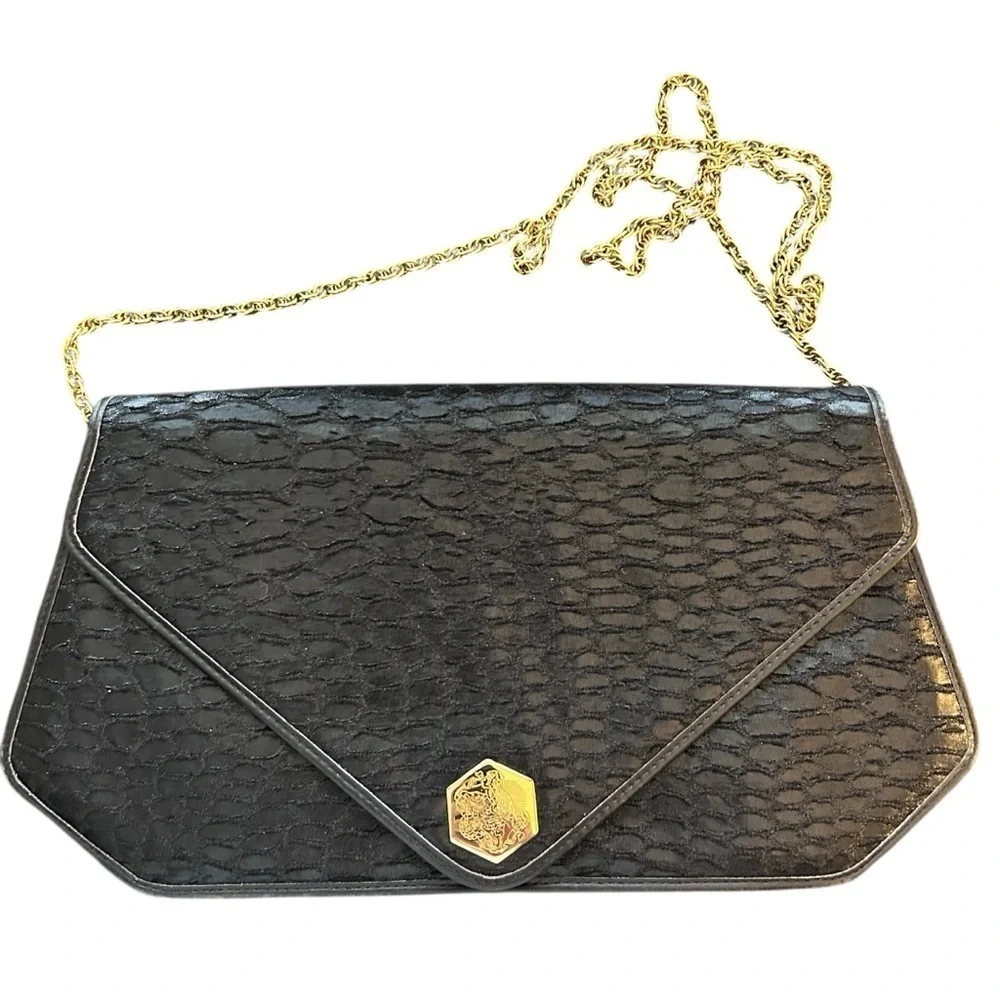 Revillon Vintage Black Alligator Print Handbag with Gold Chain